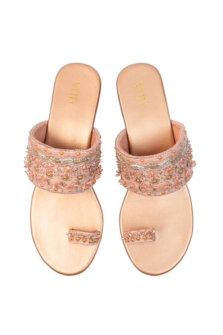 Shop_House Of Vitti India_Pink Dabka Rosette Vine Embroidered Toe Ring Heels _Online_at_Aza_Fashions