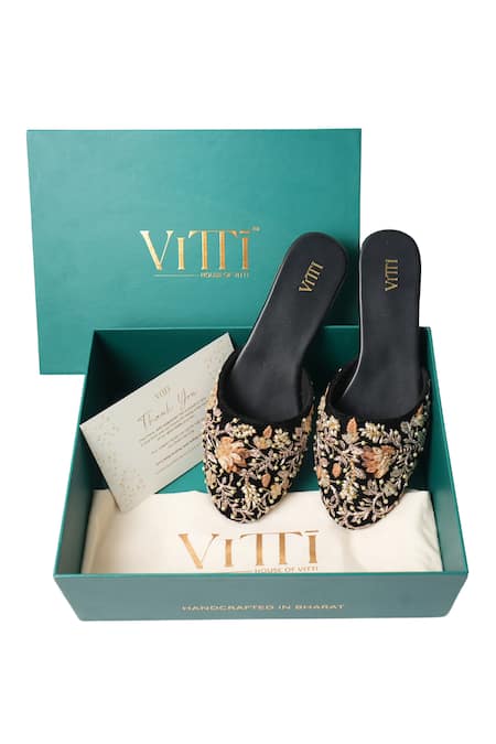 House Of Vitti India_Black Zardozi Embroidered Velvet Mules _Online_at_Aza_Fashions