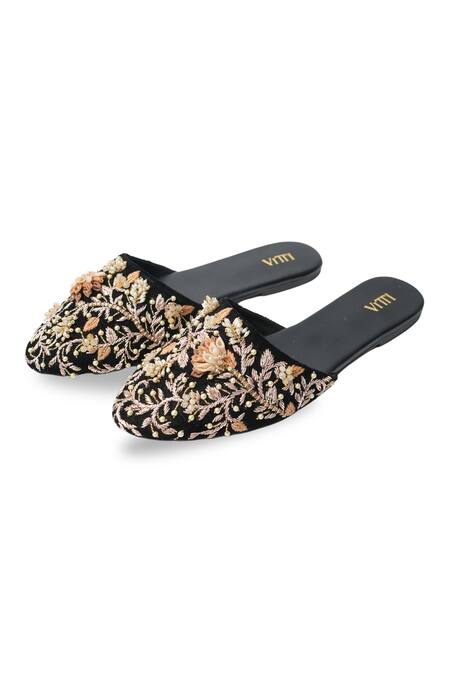 Buy_House Of Vitti India_Black Zardozi Embroidered Velvet Mules _Online_at_Aza_Fashions