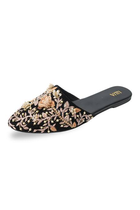 Shop_House Of Vitti India_Black Zardozi Embroidered Velvet Mules _Online_at_Aza_Fashions