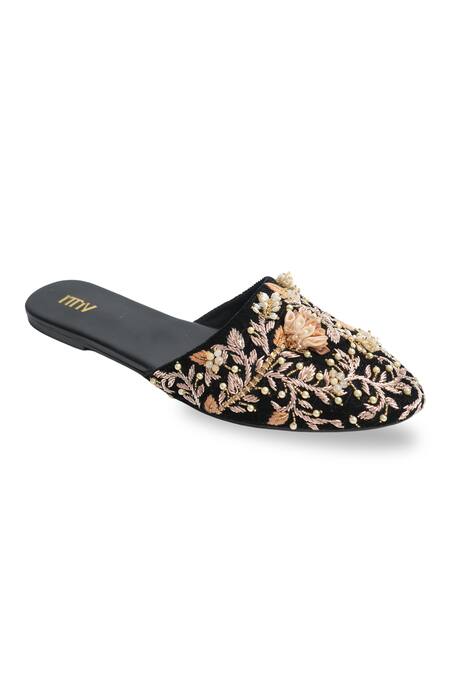 House Of Vitti India_Black Zardozi Embroidered Velvet Mules _at_Aza_Fashions