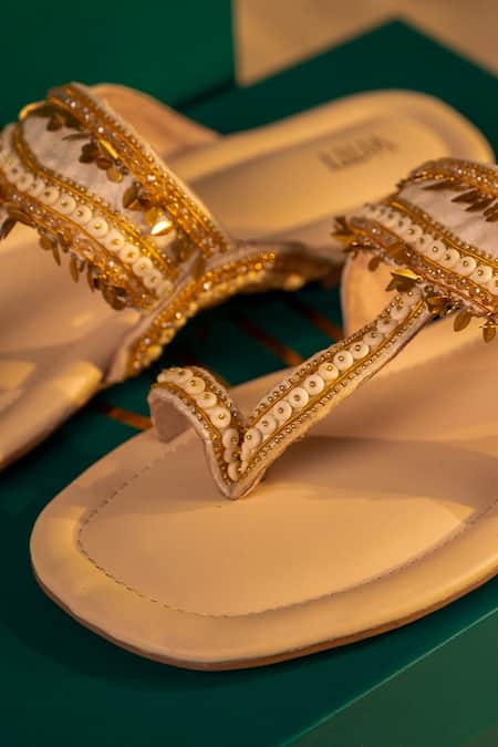 House Of Vitti India_Off White Sequin Embroidered Kolhapuri Flats _Online_at_Aza_Fashions