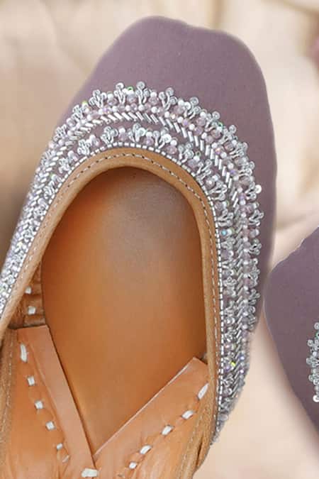 House Of Vitti India Purple Cut Work, Zari, Sequins, Pearls Mauve Crest Vine Embroidered Juttis Online at Aza Fashions House Of Vitti India_Purple Cut Work, Zari, Sequins, Pearls Mauve Crest Vine Embroidered Juttis _Online_at_Aza_Fashions