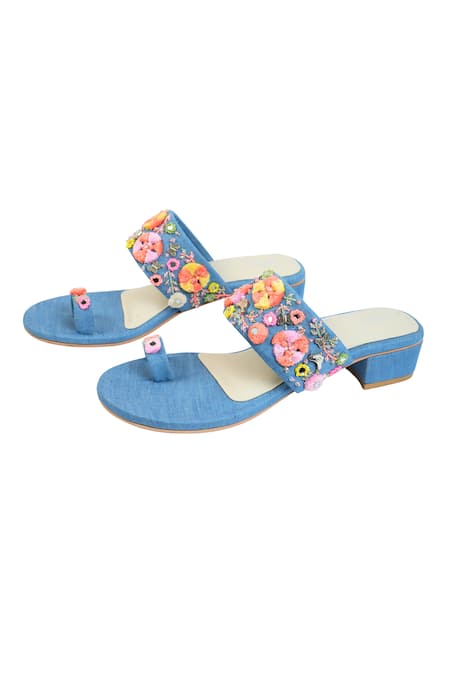 House Of Vitti India Garden Dream Embroidered Denim Heels 