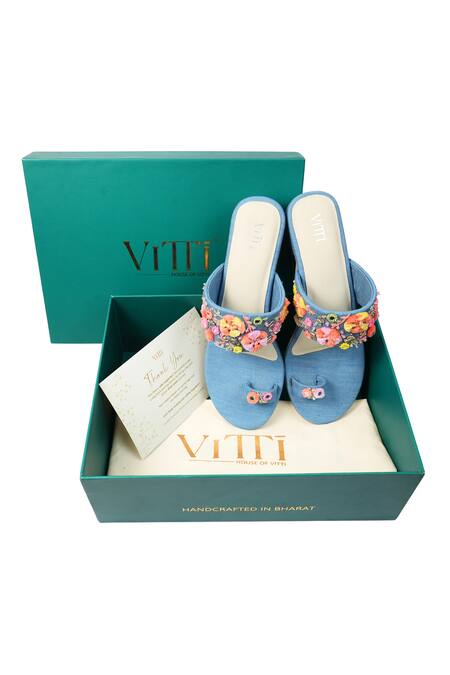 House Of Vitti India_Blue Anchor Thread Garden Dream Embroidered Denim Heels _Online_at_Aza_Fashions