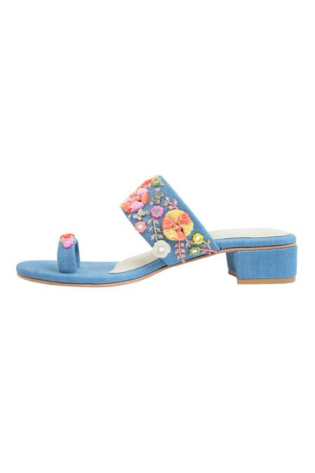 Buy_House Of Vitti India_Blue Anchor Thread Garden Dream Embroidered Denim Heels _Online_at_Aza_Fashions