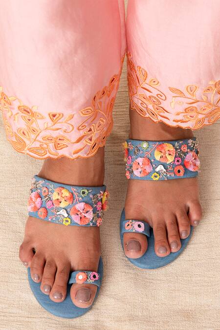 Shop_House Of Vitti India_Blue Anchor Thread Garden Dream Embroidered Denim Heels _Online_at_Aza_Fashions