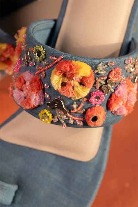 House Of Vitti India_Blue Anchor Thread Garden Dream Embroidered Denim Heels _at_Aza_Fashions