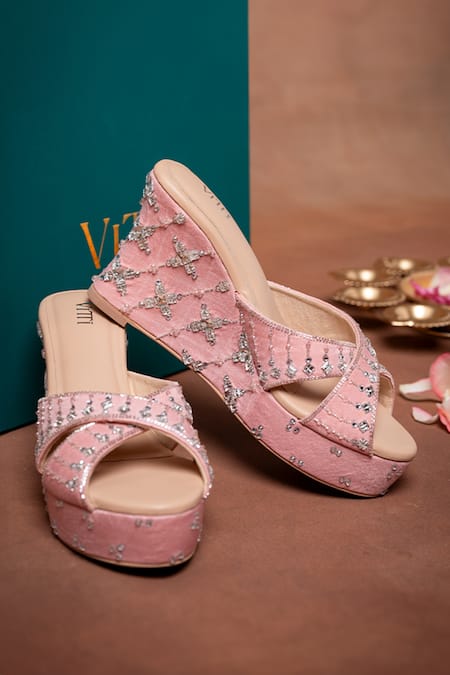 House Of Vitti India Pink Crystal Embellished Wedge Heels 