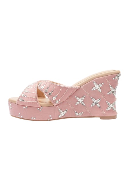 Shop_House Of Vitti India_Pink Crystal Embellished Wedge Heels _Online_at_Aza_Fashions