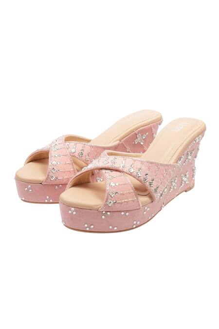 House Of Vitti India_Pink Crystal Embellished Wedge Heels _at_Aza_Fashions