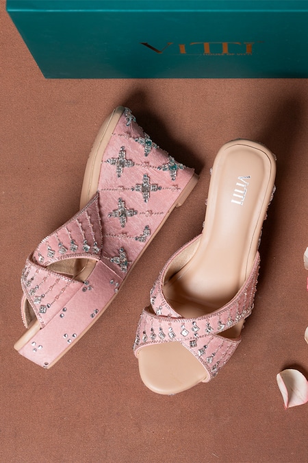 Shop_House Of Vitti India_Pink Crystal Embellished Wedge Heels 