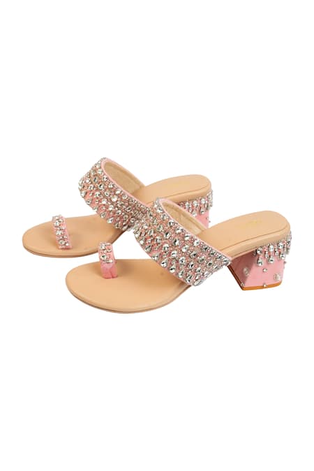 House Of Vitti India Rhinestone Embellished Pink Toe Ring Heels 