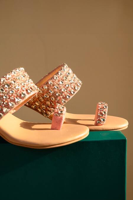 House Of Vitti India_Pink Rhinestone Embellished Toe Ring Heels _Online_at_Aza_Fashions