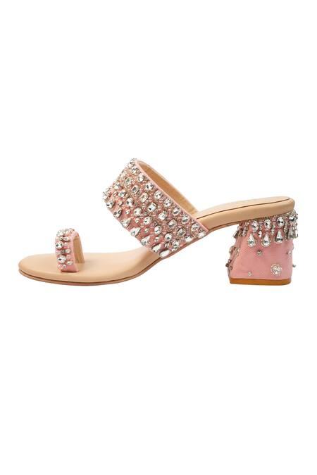 Buy_House Of Vitti India_Pink Rhinestone Embellished Toe Ring Heels _Online_at_Aza_Fashions