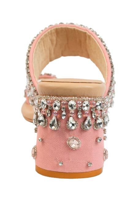 Shop_House Of Vitti India_Pink Rhinestone Embellished Toe Ring Heels _Online_at_Aza_Fashions