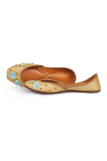 Buy_House Of Vitti India_Gold Crystal Flutterby Embroidered Juttis _Online_at_Aza_Fashions