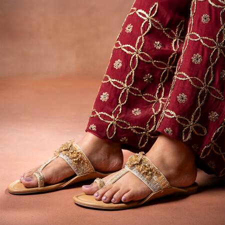 House Of Vitti India_Beige Zardozi 3d Floral Kolhapuris _Online_at_Aza_Fashions