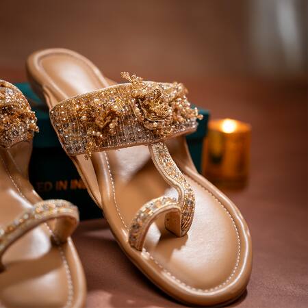 Shop_House Of Vitti India_Beige Zardozi 3d Floral Kolhapuris _Online_at_Aza_Fashions