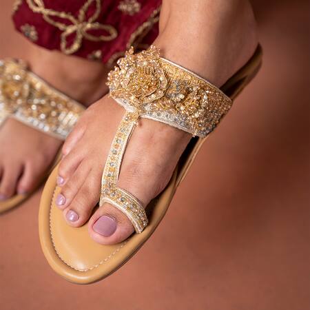 House Of Vitti India_Beige Zardozi 3d Floral Kolhapuris _at_Aza_Fashions