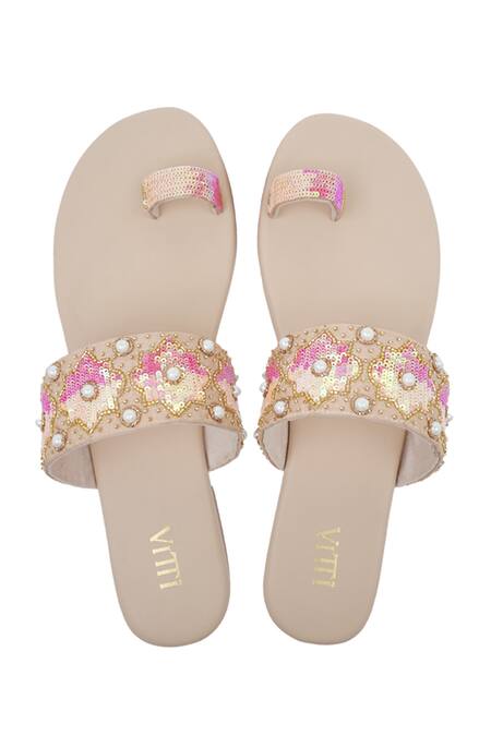 House Of Vitti India Beige & Pink Sequin Embroidered Kolhapuris 