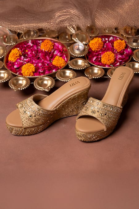 House Of Vitti India Zardozi Embroidered Beige Wedges 