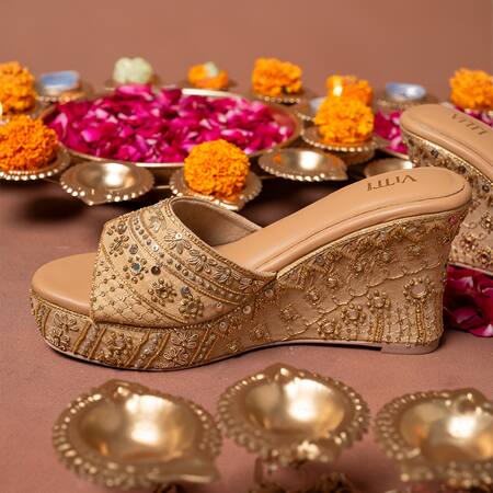 House Of Vitti India_Beige Aari Zardozi Embroidered Wedges _Online_at_Aza_Fashions