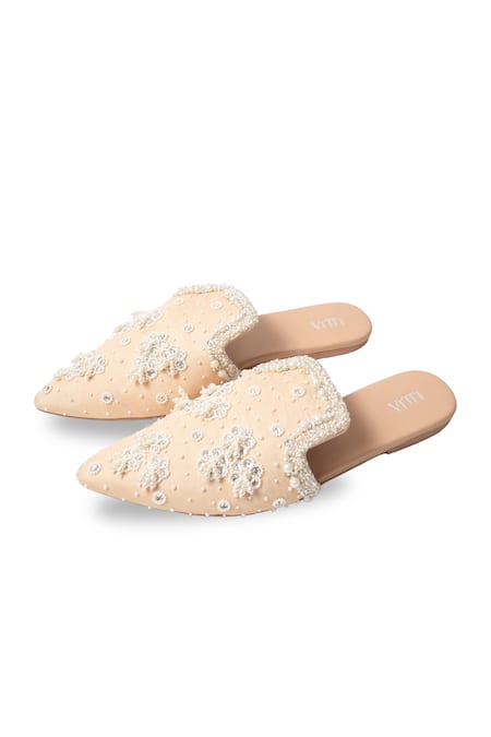 House Of Vitti India Beige Pearl Embellished Mules 