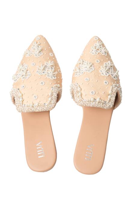 House Of Vitti India_Beige Pearls, Rhinestones, Zari Embellished Mules _Online_at_Aza_Fashions