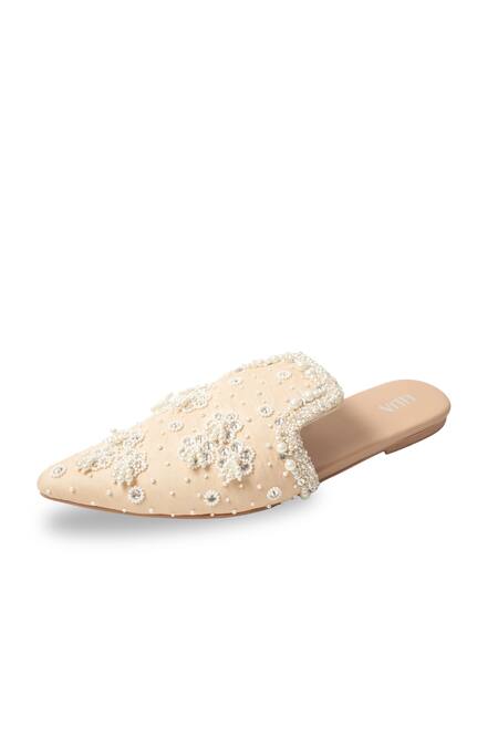 Buy_House Of Vitti India_Beige Pearls, Rhinestones, Zari Embellished Mules _Online_at_Aza_Fashions