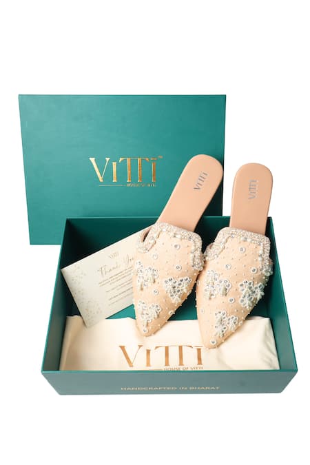 Shop_House Of Vitti India_Beige Pearls, Rhinestones, Zari Embellished Mules _Online_at_Aza_Fashions