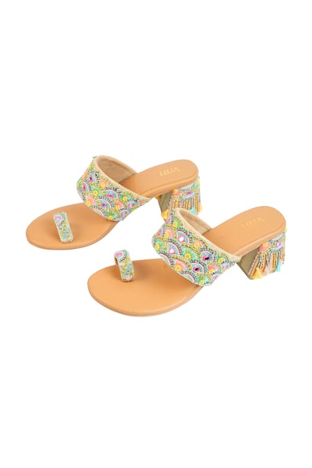 House Of Vitti India Beige Scallop Embroidered Heels 