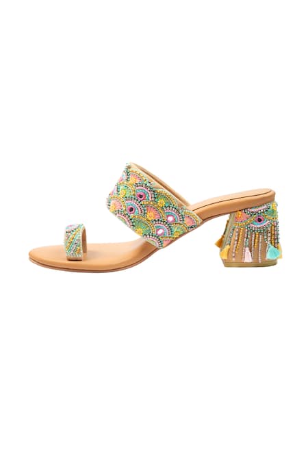 House Of Vitti India_Beige Thread Scallop Embroidered Heels _Online_at_Aza_Fashions