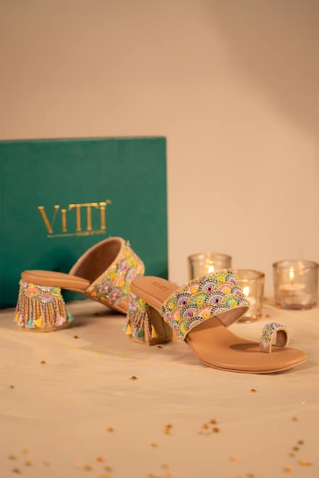 House Of Vitti India_Beige Thread Scallop Embroidered Heels _at_Aza_Fashions