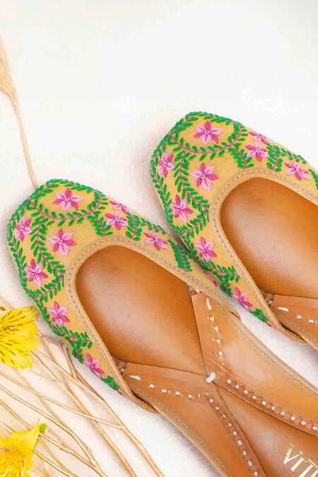 House Of Vitti India_Yellow Sequin Floral Embroidered Juttis _Online_at_Aza_Fashions