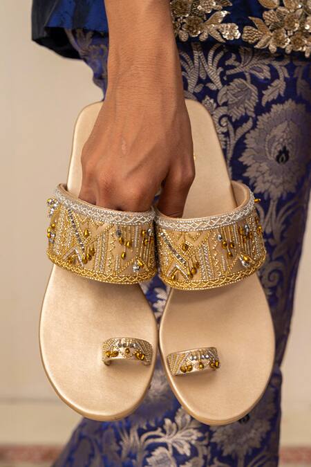 House Of Vitti India_Gold Zardozi Embroidered Heels _Online_at_Aza_Fashions