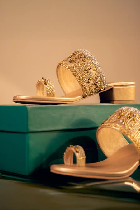 Buy_House Of Vitti India_Gold Zardozi Embroidered Heels _Online_at_Aza_Fashions