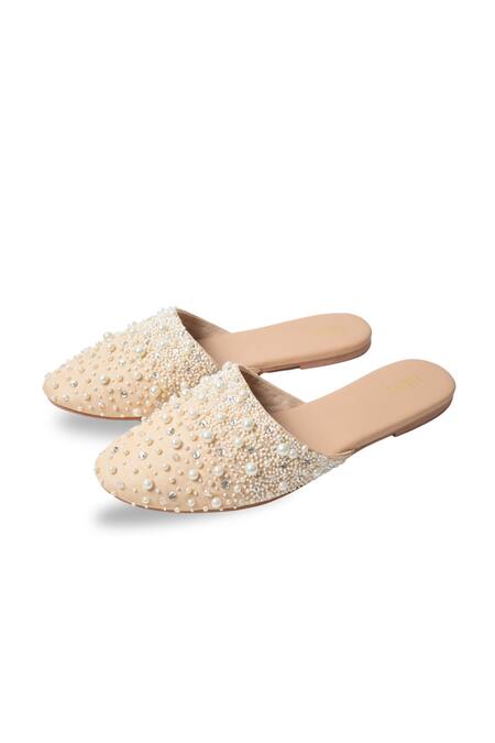 House Of Vitti India Beige Pearl Embellished Mules 