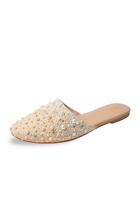 Buy_House Of Vitti India_Beige Pearl Embellished Mules _Online_at_Aza_Fashions