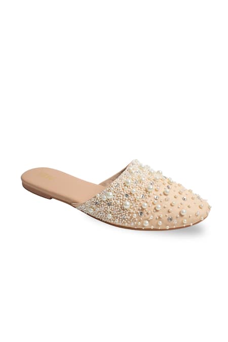Shop_House Of Vitti India_Beige Pearl Embellished Mules _Online_at_Aza_Fashions