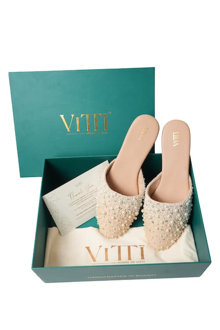 House Of Vitti India_Beige Pearl Embellished Mules _at_Aza_Fashions