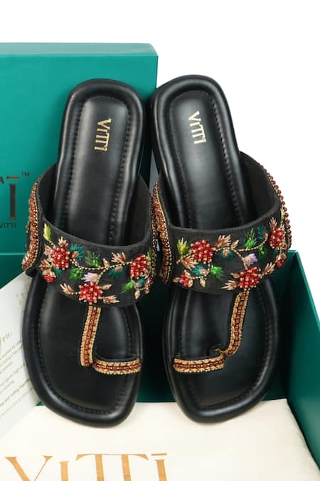 House Of Vitti India_Black Embroidery Floral Kolhapuris _Online_at_Aza_Fashions