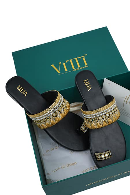 House Of Vitti India_Black Mirrors, Pearls, Beads, Zari Embroidered Kolhapuris _Online_at_Aza_Fashions