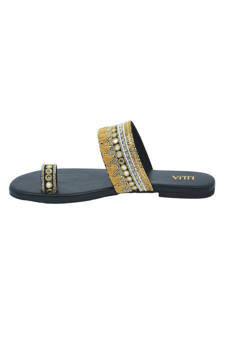 Shop_House Of Vitti India_Black Mirrors, Pearls, Beads, Zari Embroidered Kolhapuris _Online_at_Aza_Fashions