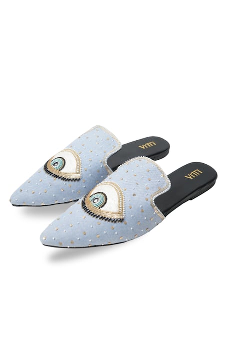 House Of Vitti India Evil Eye Embroidered Denim Mules 