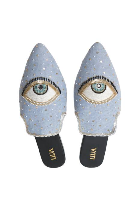 House Of Vitti India_Blue Evil Eye Embroidered Denim Mules _Online_at_Aza_Fashions