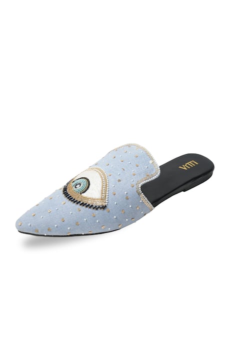 Buy_House Of Vitti India_Blue Evil Eye Embroidered Denim Mules _Online_at_Aza_Fashions