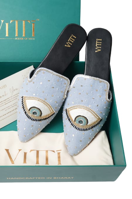 Shop_House Of Vitti India_Blue Evil Eye Embroidered Denim Mules _Online_at_Aza_Fashions