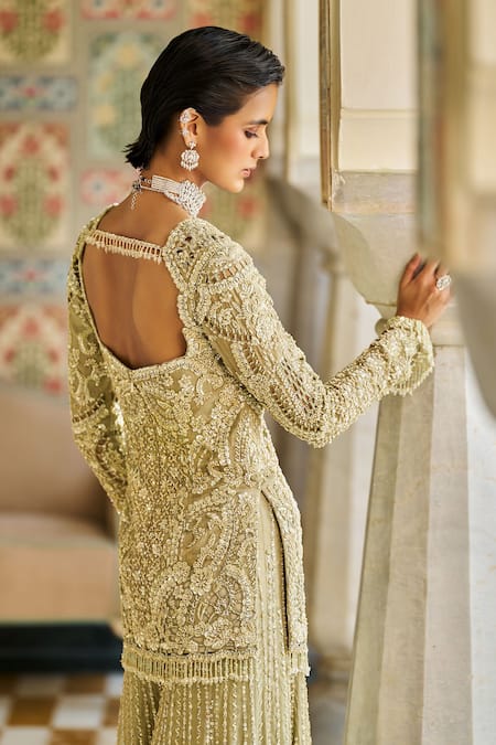 Seema Gujral Sage Green Sequin Cutwork Kurta Sharara Set 