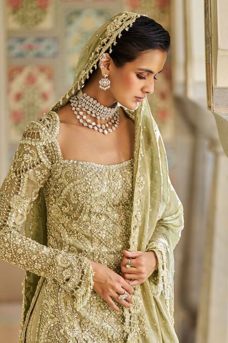 Buy_Seema Gujral_Green Tissue, Silk Sequins, Beads Square Neck Sage Cutwork Kurta Sharara Set _Online_at_Aza_Fashions